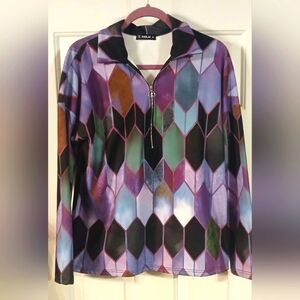 Sheilay Brand Geometric Women's 1/4 Zip Collared Pullover Long Sleeve Top Size L
